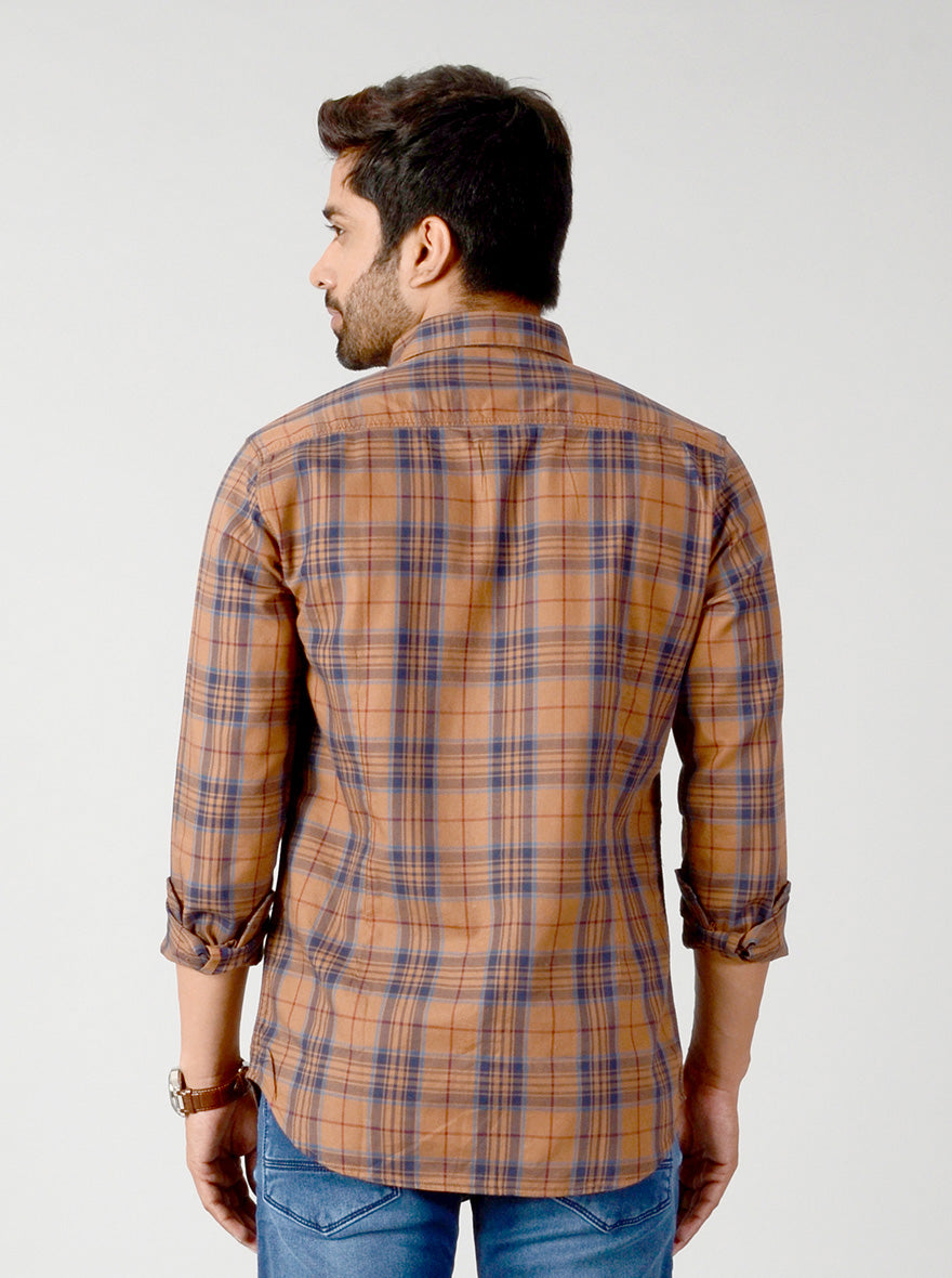 Cashew Brown & Blue Checked Slim Fit Casual Shirt | JB Sport