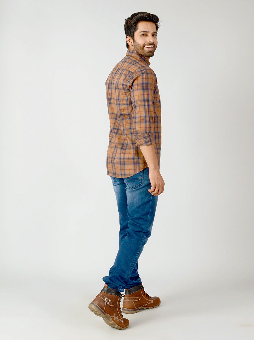 Cashew Brown & Blue Checked Slim Fit Casual Shirt | JB Sport