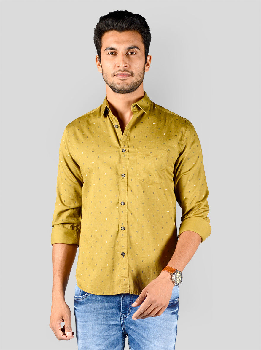 Khaki Printed Slim Fit Casual Shirt | Greenfibre