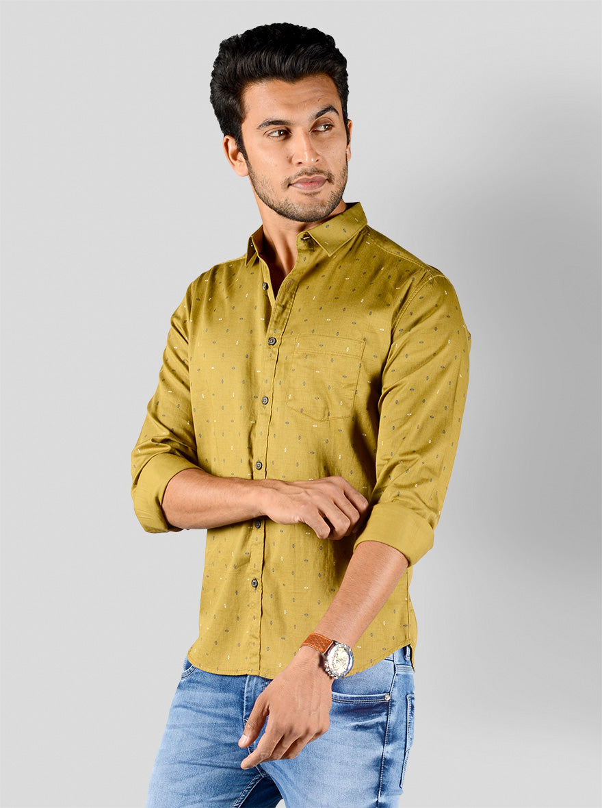 Khaki Printed Slim Fit Casual Shirt | Greenfibre