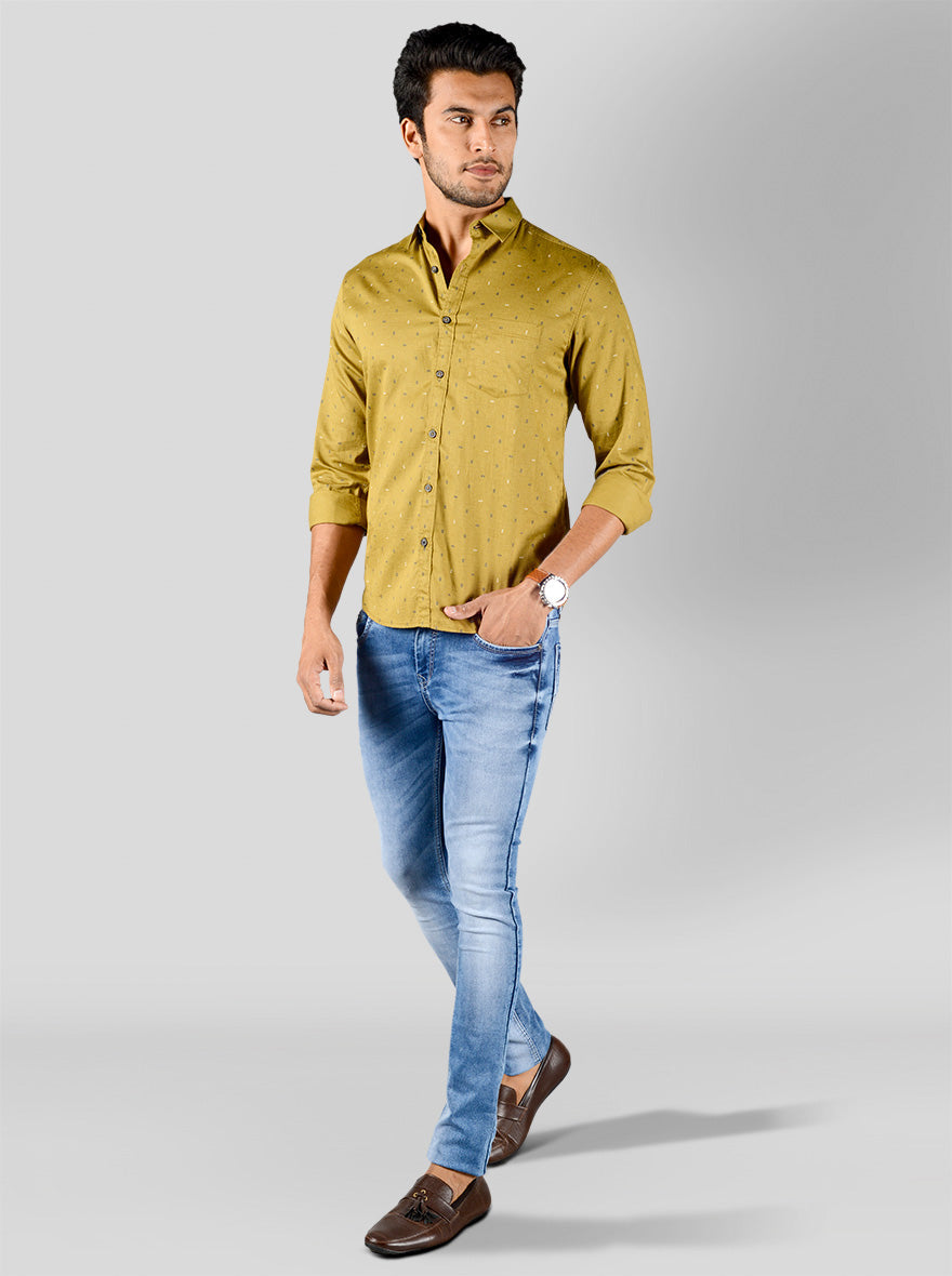 Khaki Printed Slim Fit Casual Shirt | Greenfibre