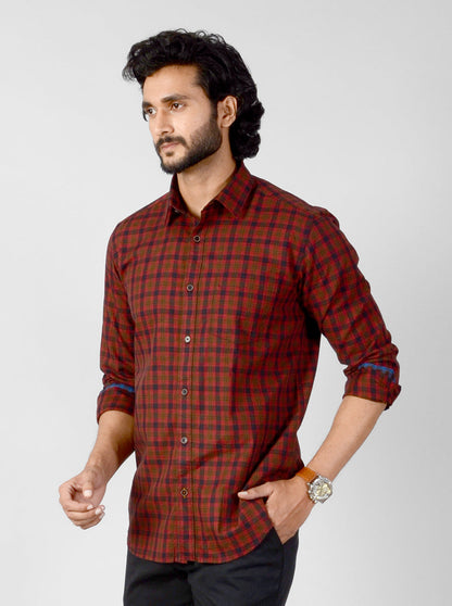 Deep Red Checked Slim Fit Casual Shirt | JB Sport