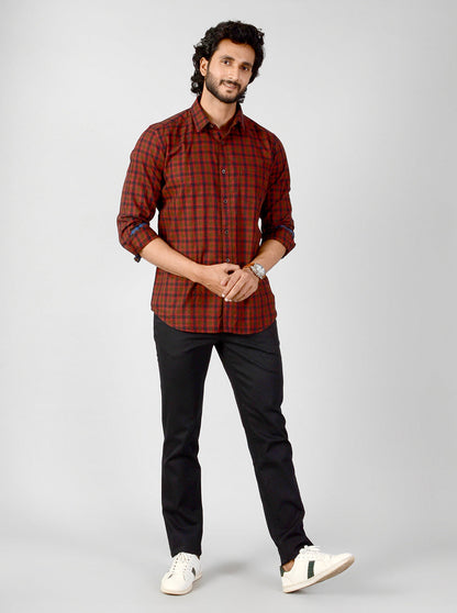 Deep Red Checked Slim Fit Casual Shirt | JB Sport