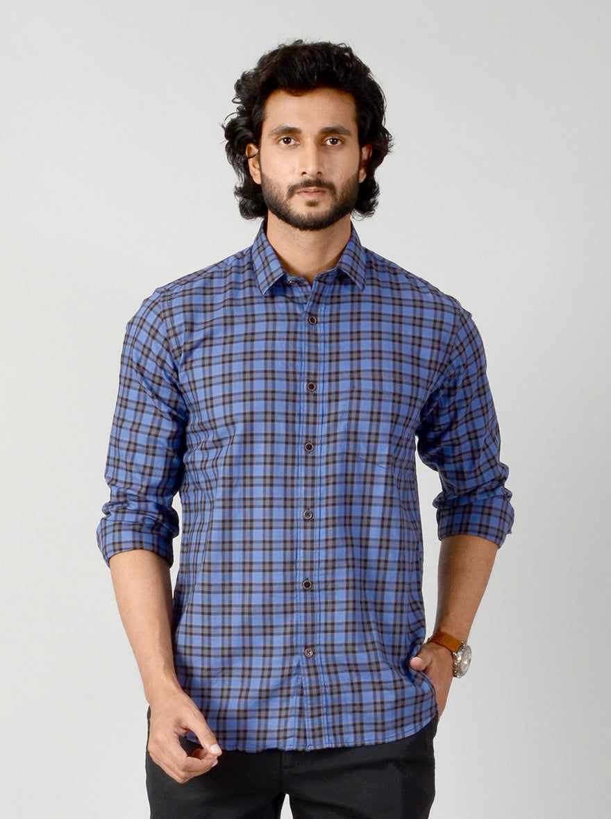 Persian Blue & Brown Checked Slim Fit Casual Shirt | JB Sport