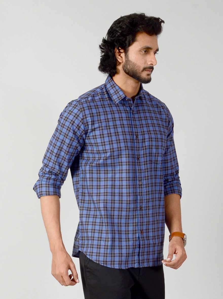 Persian Blue & Brown Checked Slim Fit Casual Shirt | JB Sport