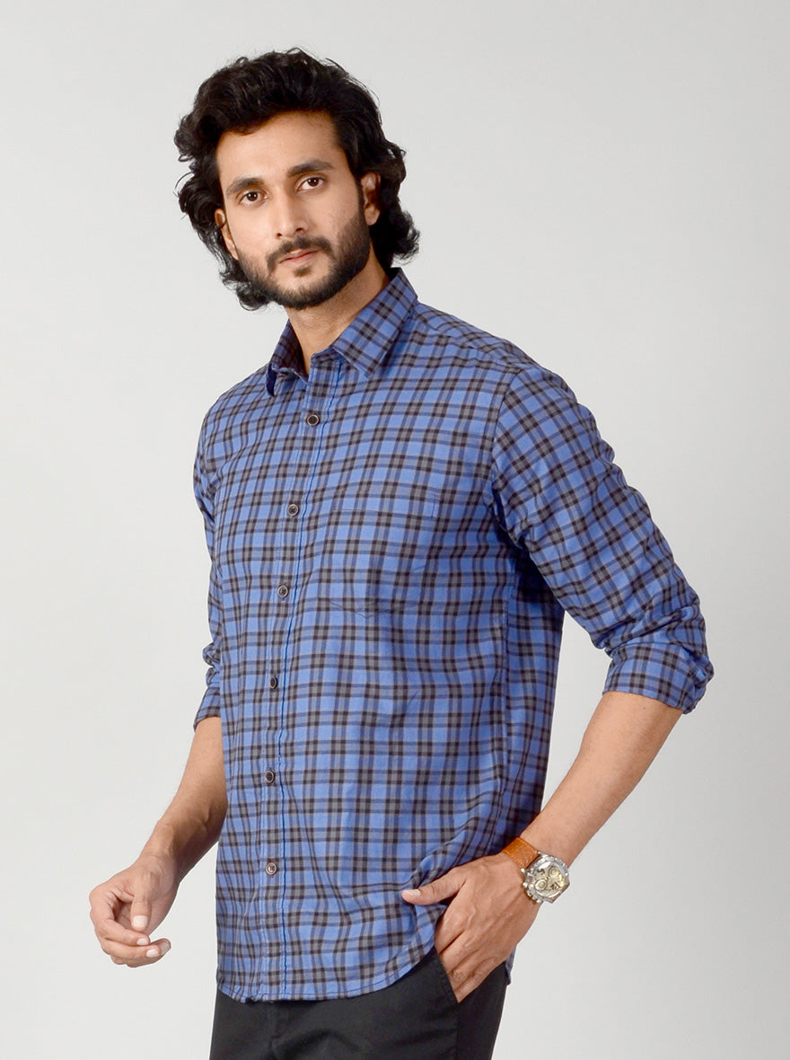 Persian Blue & Brown Checked Slim Fit Casual Shirt | JB Sport