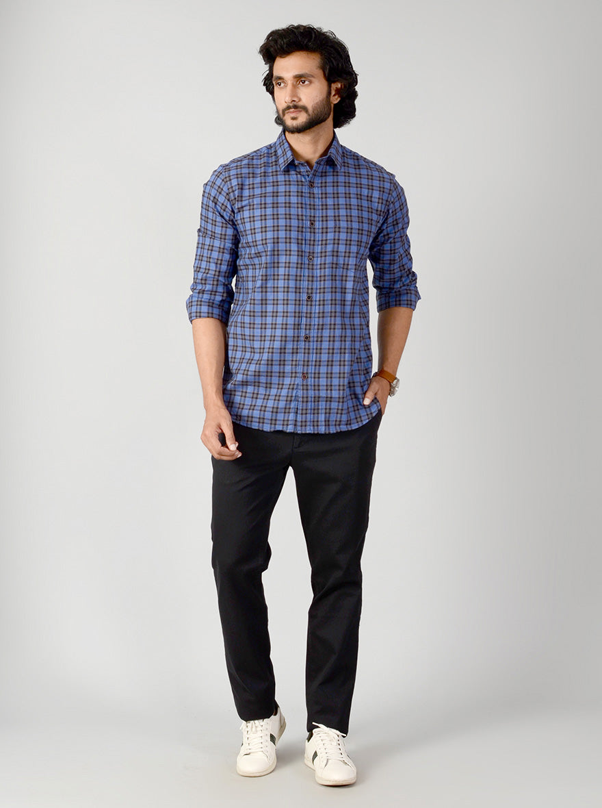 Persian Blue & Brown Checked Slim Fit Casual Shirt | JB Sport