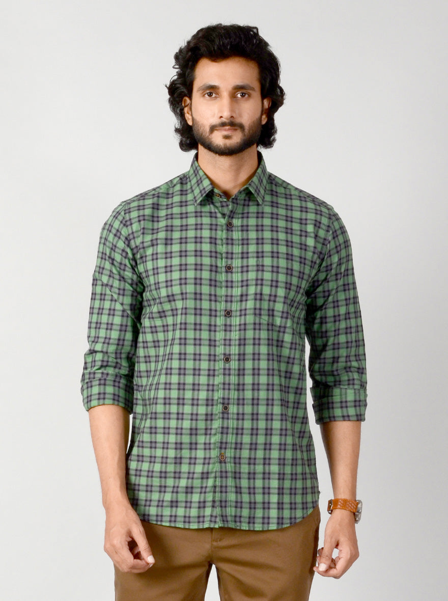 Green & Brown Checked Slim Fit Casual Shirt | JB Sport