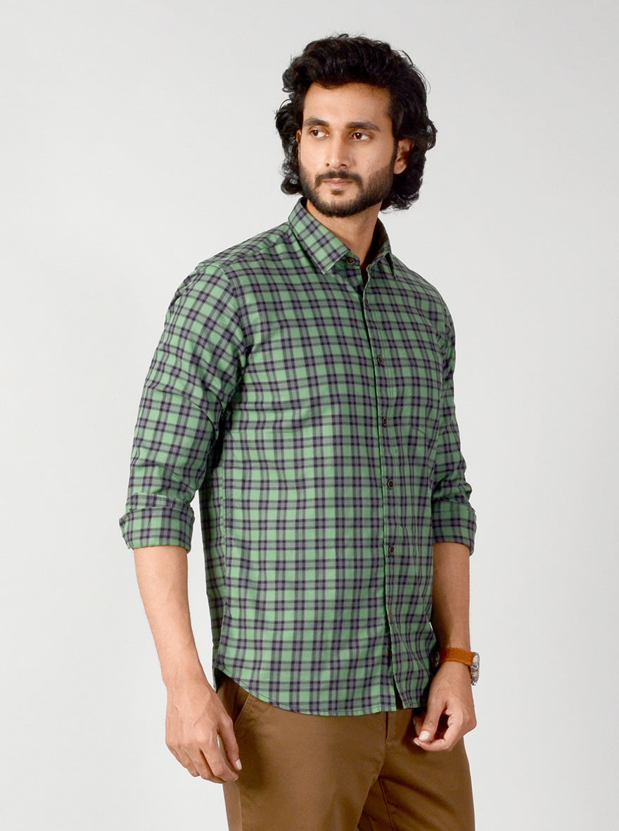 Green & Brown Checked Slim Fit Casual Shirt | JB Sport