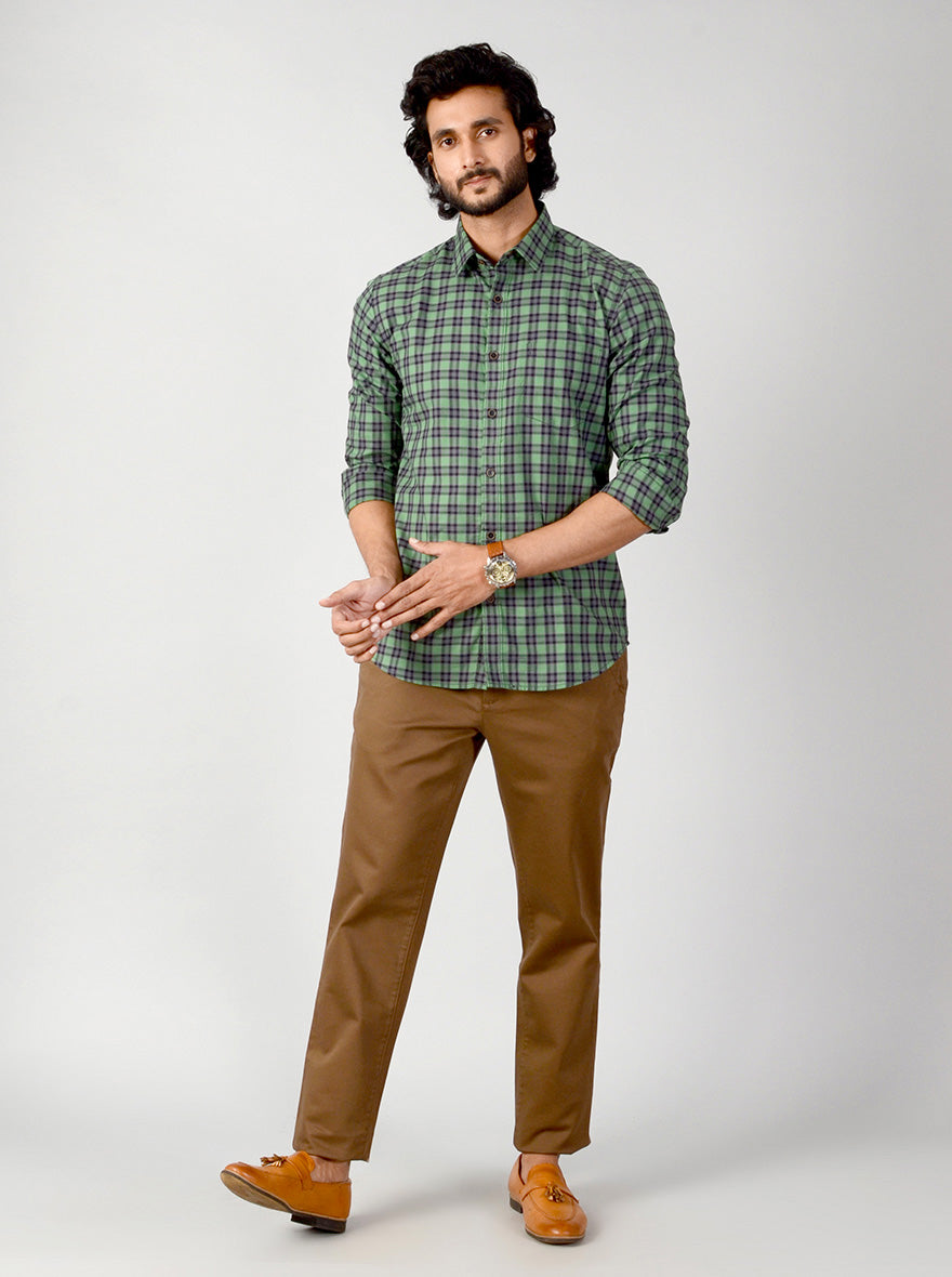 Green & Brown Checked Slim Fit Casual Shirt | JB Sport