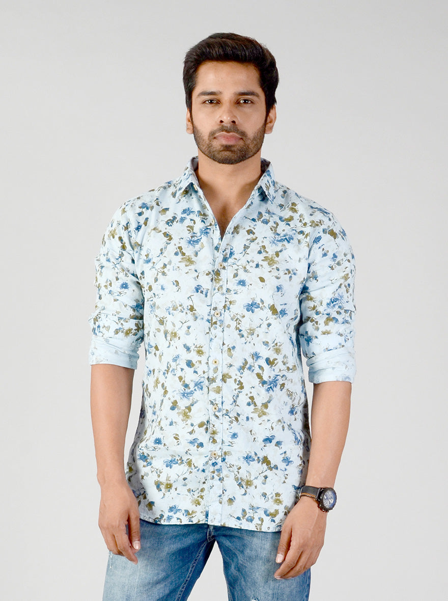 Aqua Blue Printed Slim Fit Casual Shirt | JB Sport