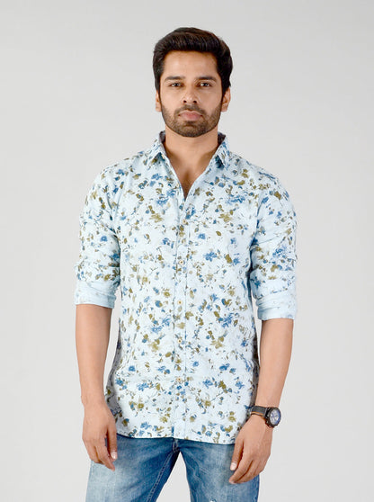 Aqua Blue Printed Slim Fit Casual Shirt | JB Sport