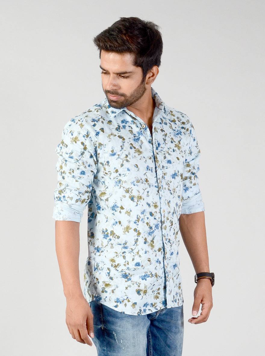 Aqua Blue Printed Slim Fit Casual Shirt | JB Sport