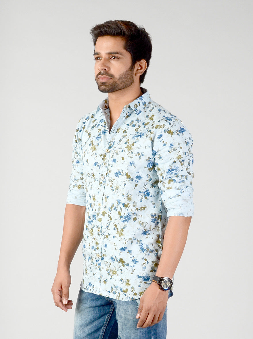 Aqua Blue Printed Slim Fit Casual Shirt | JB Sport