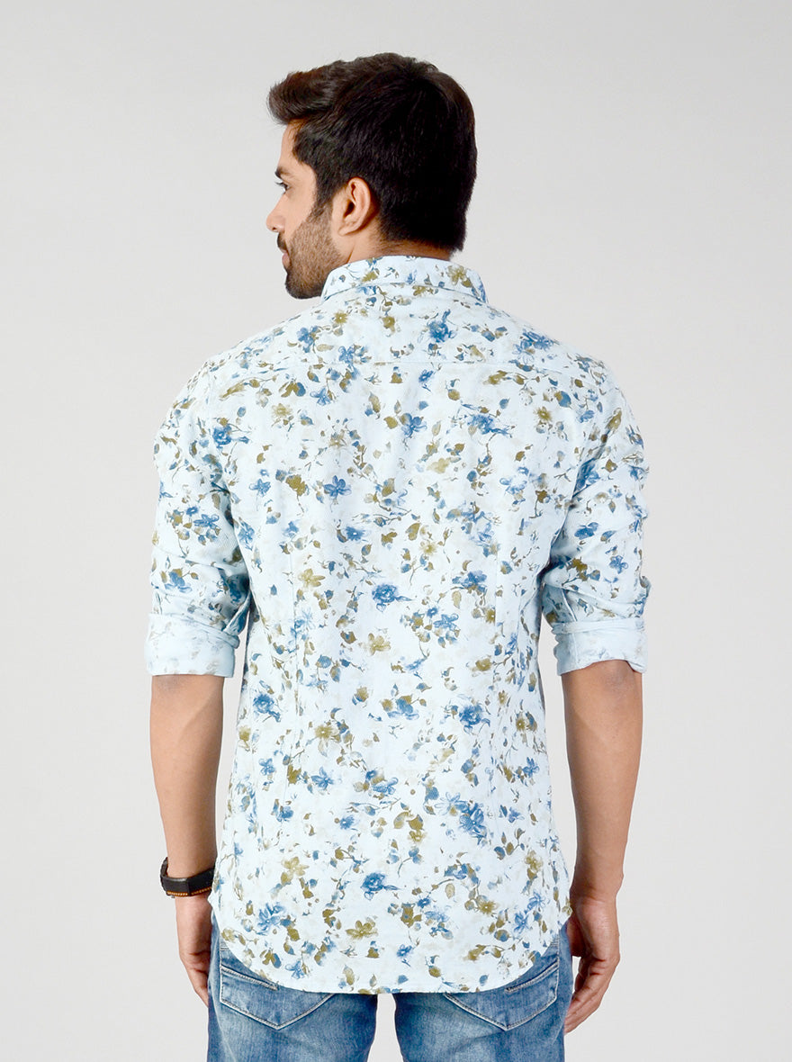 Aqua Blue Printed Slim Fit Casual Shirt | JB Sport