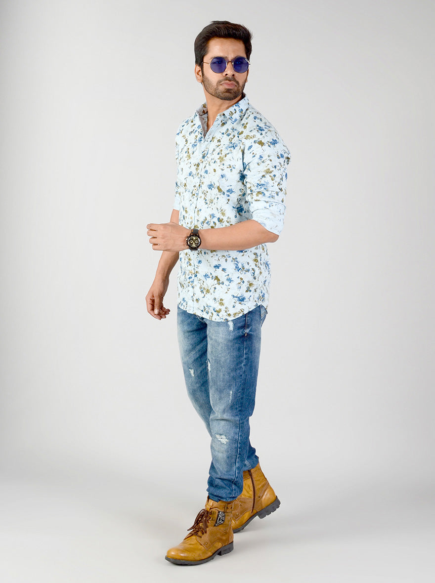 Aqua Blue Printed Slim Fit Casual Shirt | JB Sport