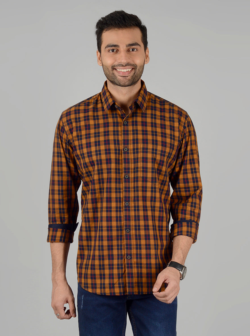 Mustard Yellow & Blue Checked Slim Fit Casual Shirt | Greenfibre
