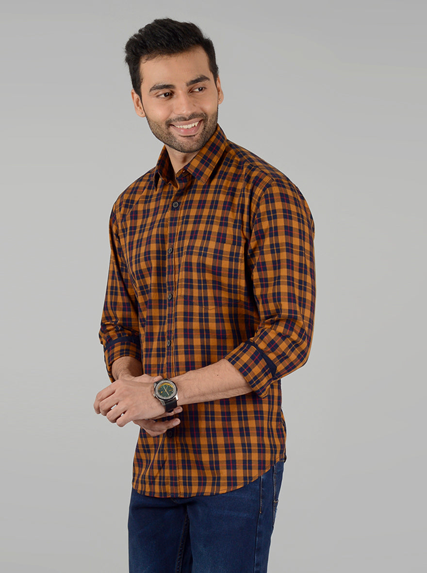 Mustard Yellow & Blue Checked Slim Fit Casual Shirt | Greenfibre