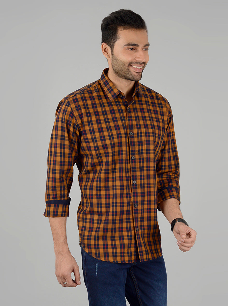 Mustard Yellow & Blue Checked Slim Fit Casual Shirt | Greenfibre