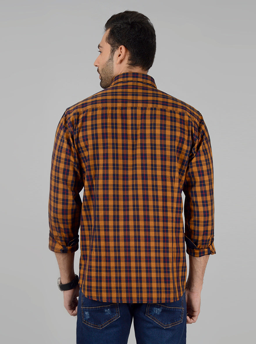 Mustard Yellow & Blue Checked Slim Fit Casual Shirt | Greenfibre