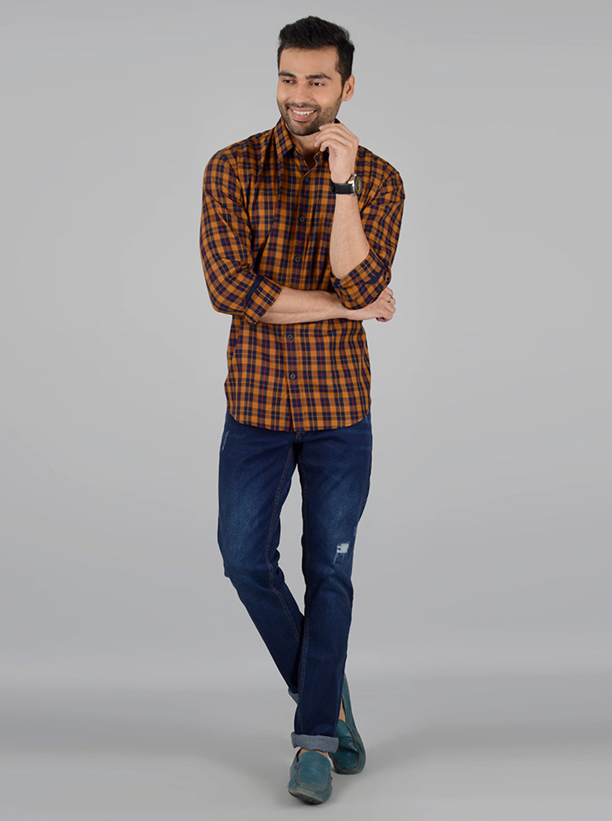 Mustard Yellow & Blue Checked Slim Fit Casual Shirt | Greenfibre