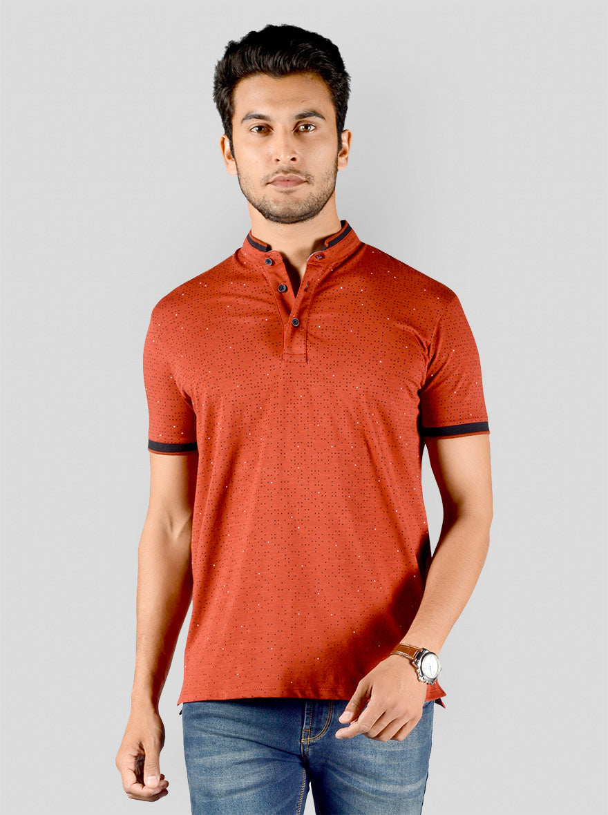 Cinnamon Red Printed Slim Fit Polo T-shirt | JB Sport
