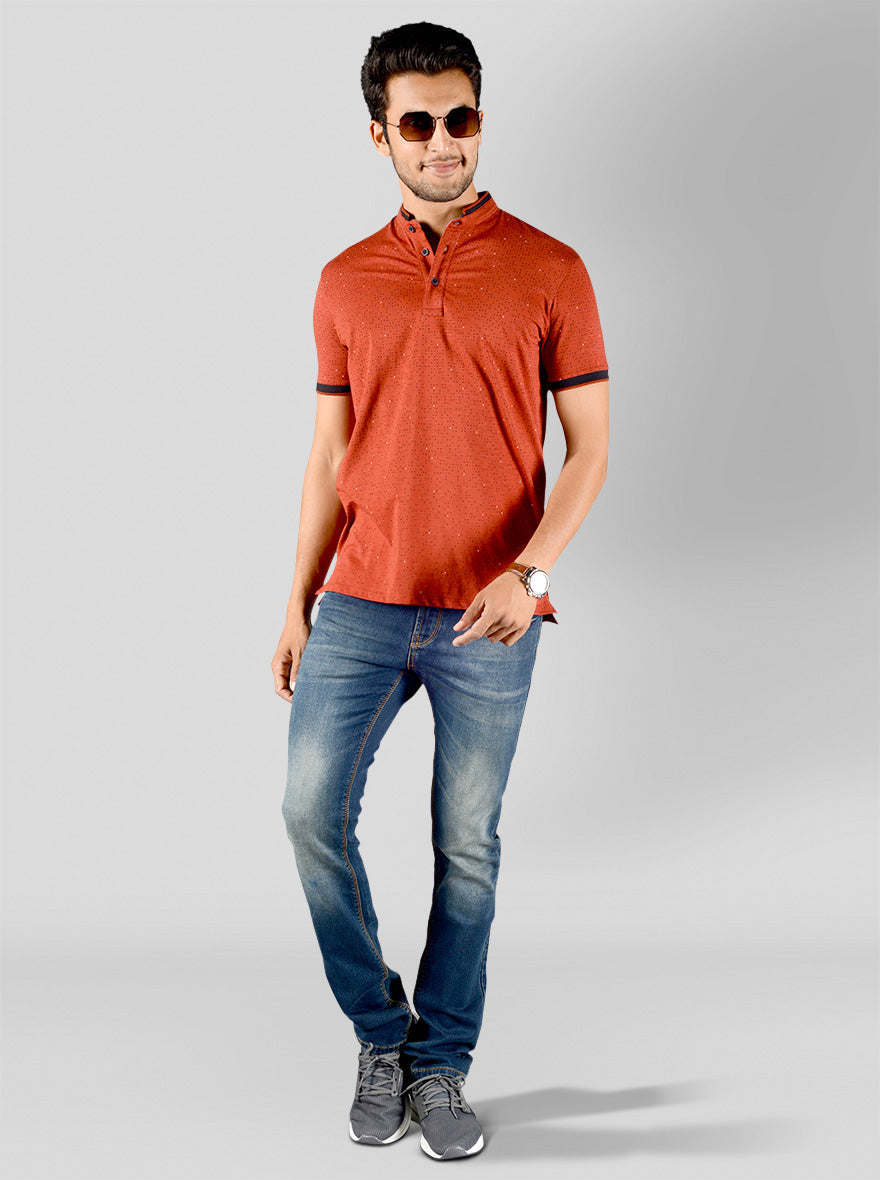 Cinnamon Red Printed Slim Fit Polo T-shirt | JB Sport