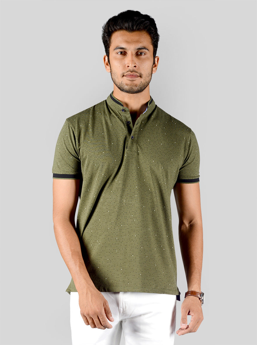 Olive Green Printed Slim Fit Polo T-shirt | JB Sport
