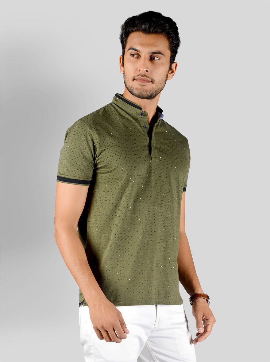 Olive Green Printed Slim Fit Polo T-shirt | JB Sport
