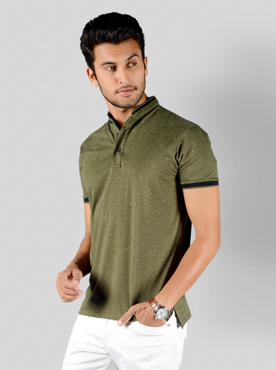 Olive Green Printed Slim Fit Polo T-shirt | JB Sport