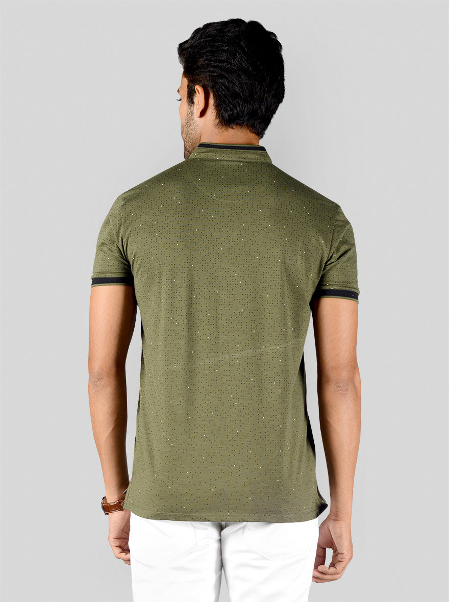 Olive Green Printed Slim Fit Polo T-shirt | JB Sport