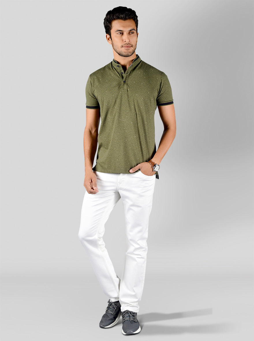 Olive Green Printed Slim Fit Polo T-shirt | JB Sport