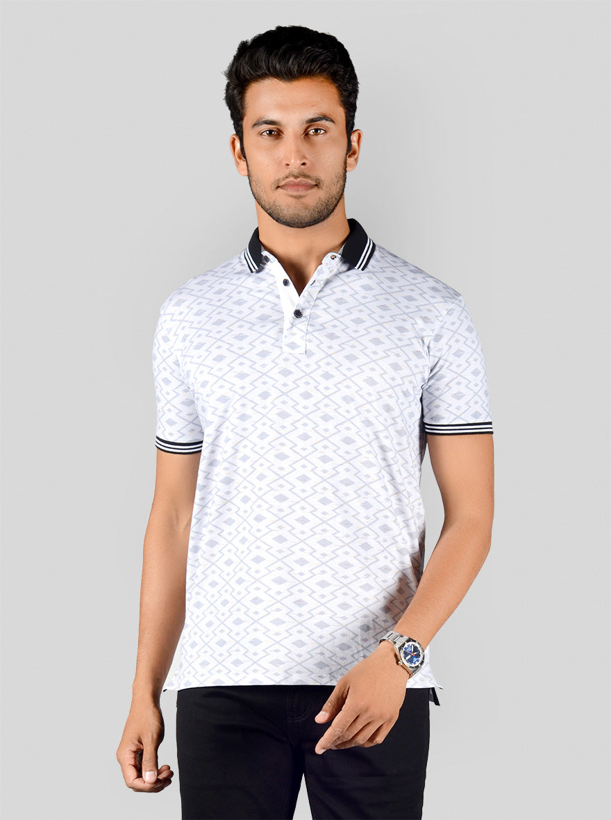 Bright White Printed Slim Fit Polo T-shirt | JB Sport