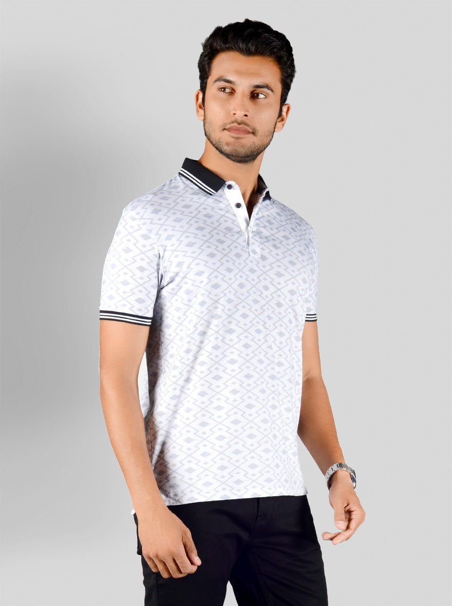 Bright White Printed Slim Fit Polo T-shirt | JB Sport