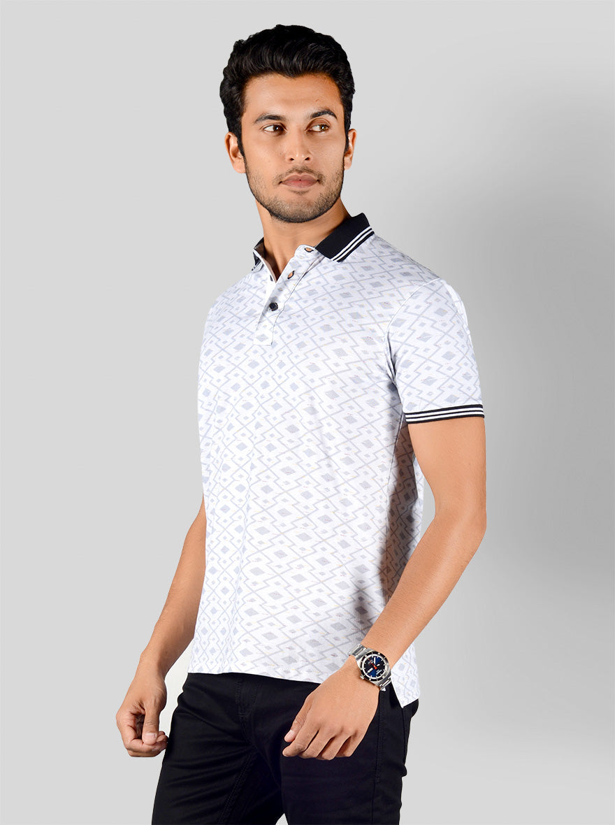 Bright White Printed Slim Fit Polo T-shirt | JB Sport