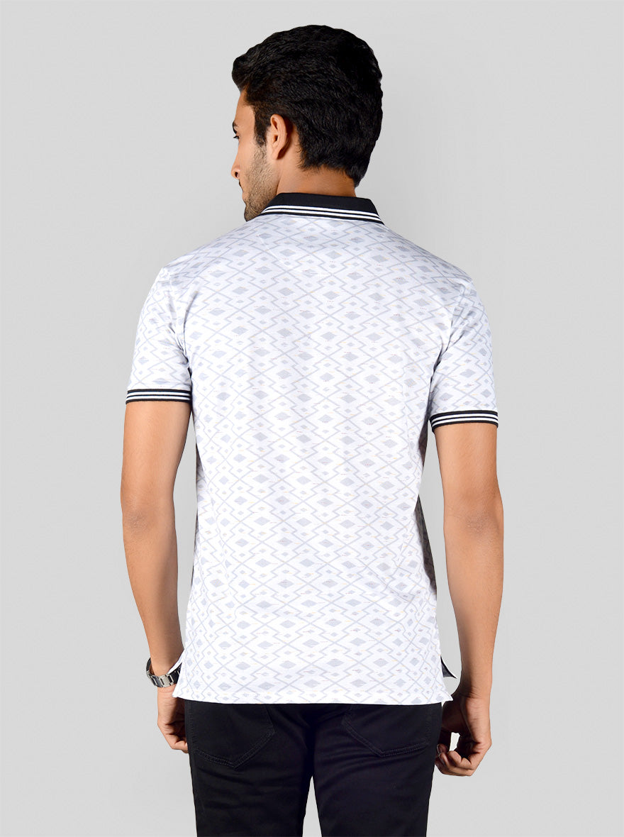 Bright White Printed Slim Fit Polo T-shirt | JB Sport