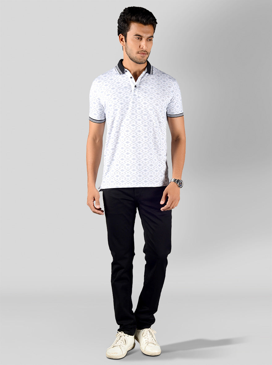 Bright White Printed Slim Fit Polo T-shirt | JB Sport