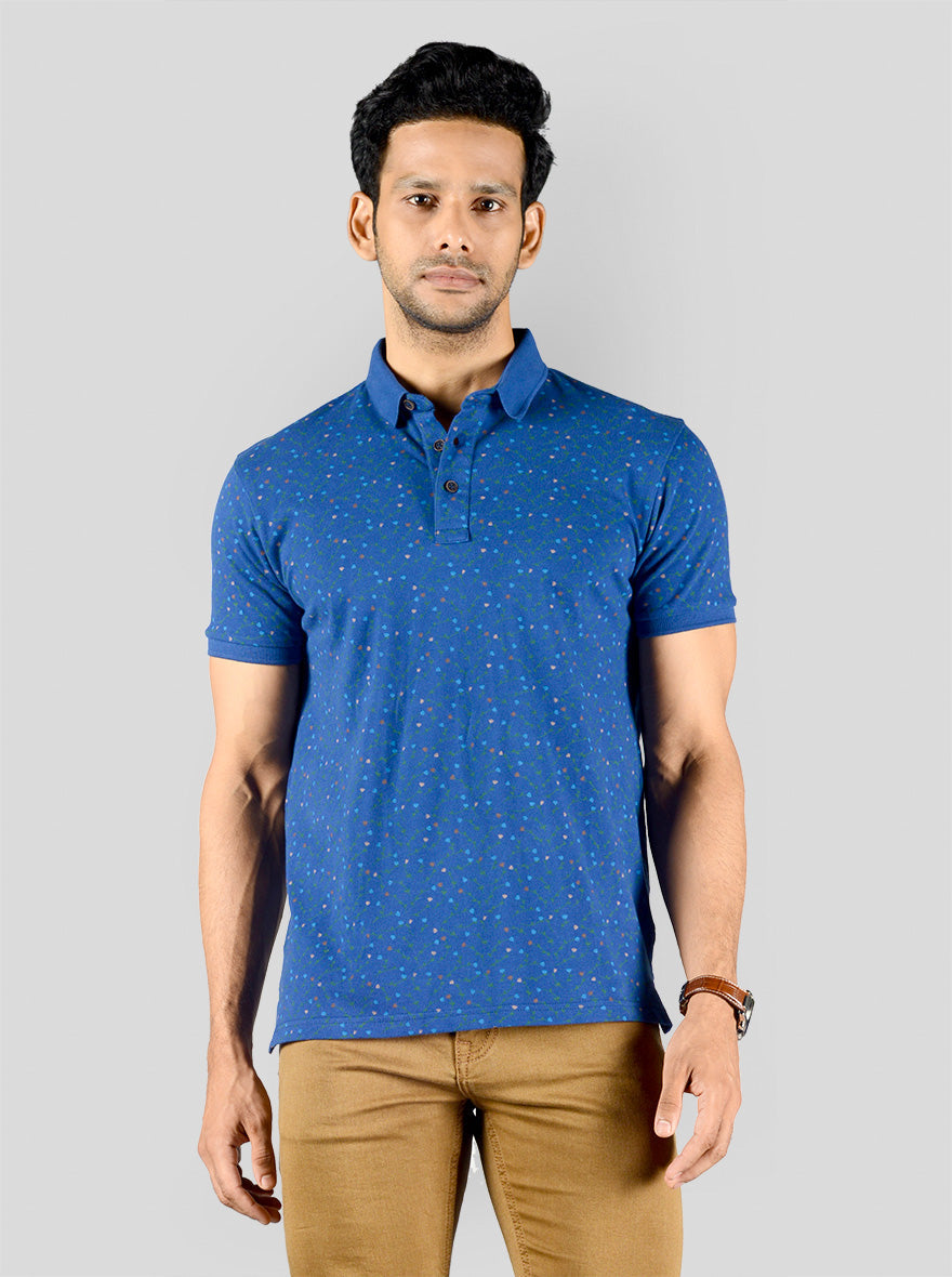 Royal Blue Printed Slim Fit Polo T-shirt | JB Sport