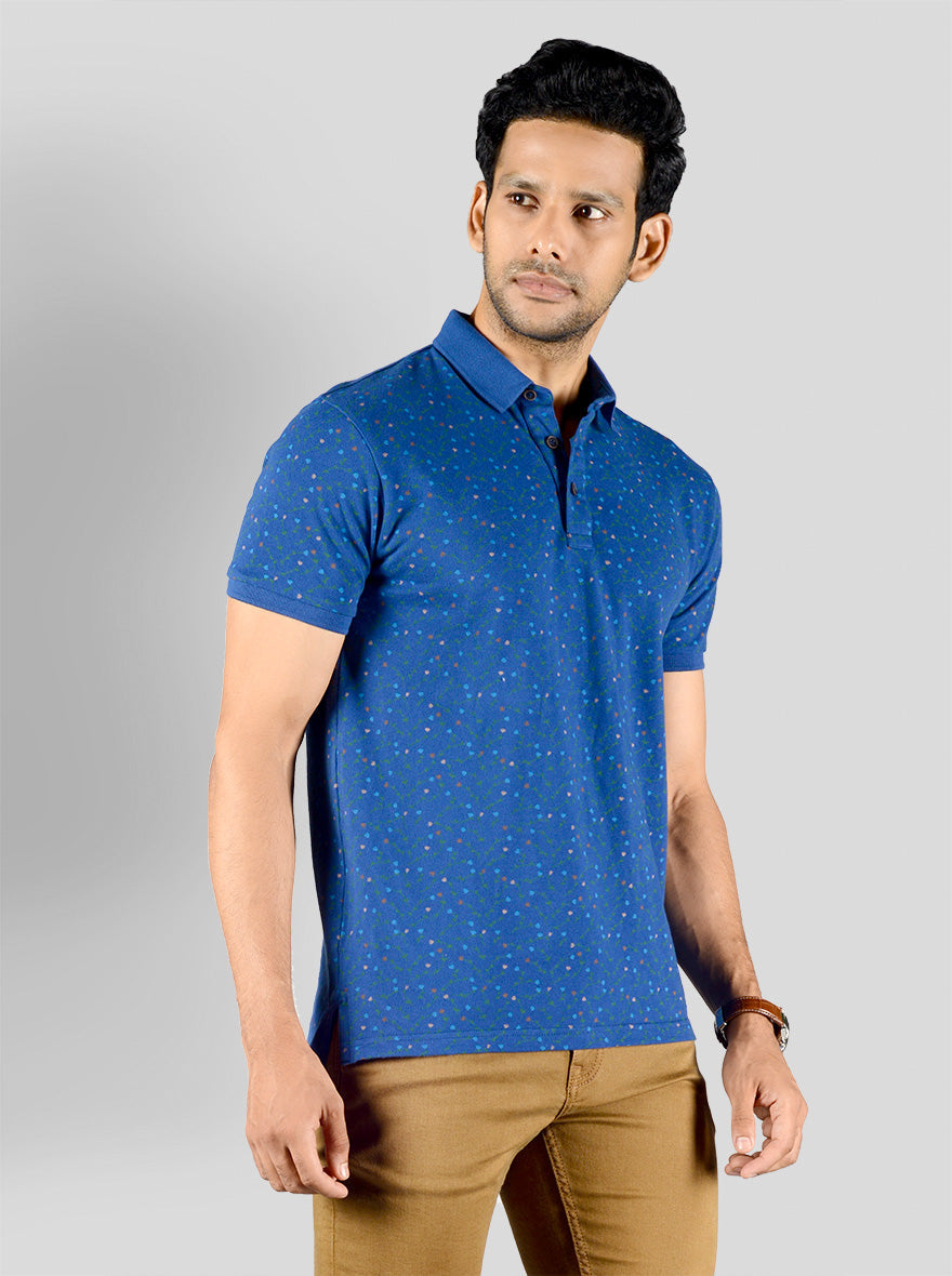 Royal Blue Printed Slim Fit Polo T-shirt | JB Sport