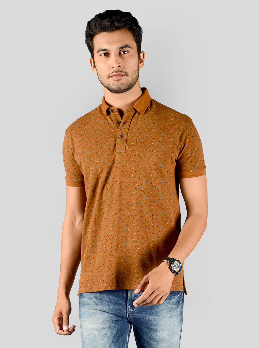 Mustard Brown Printed Slim Fit Polo T-shirt | JB Sport