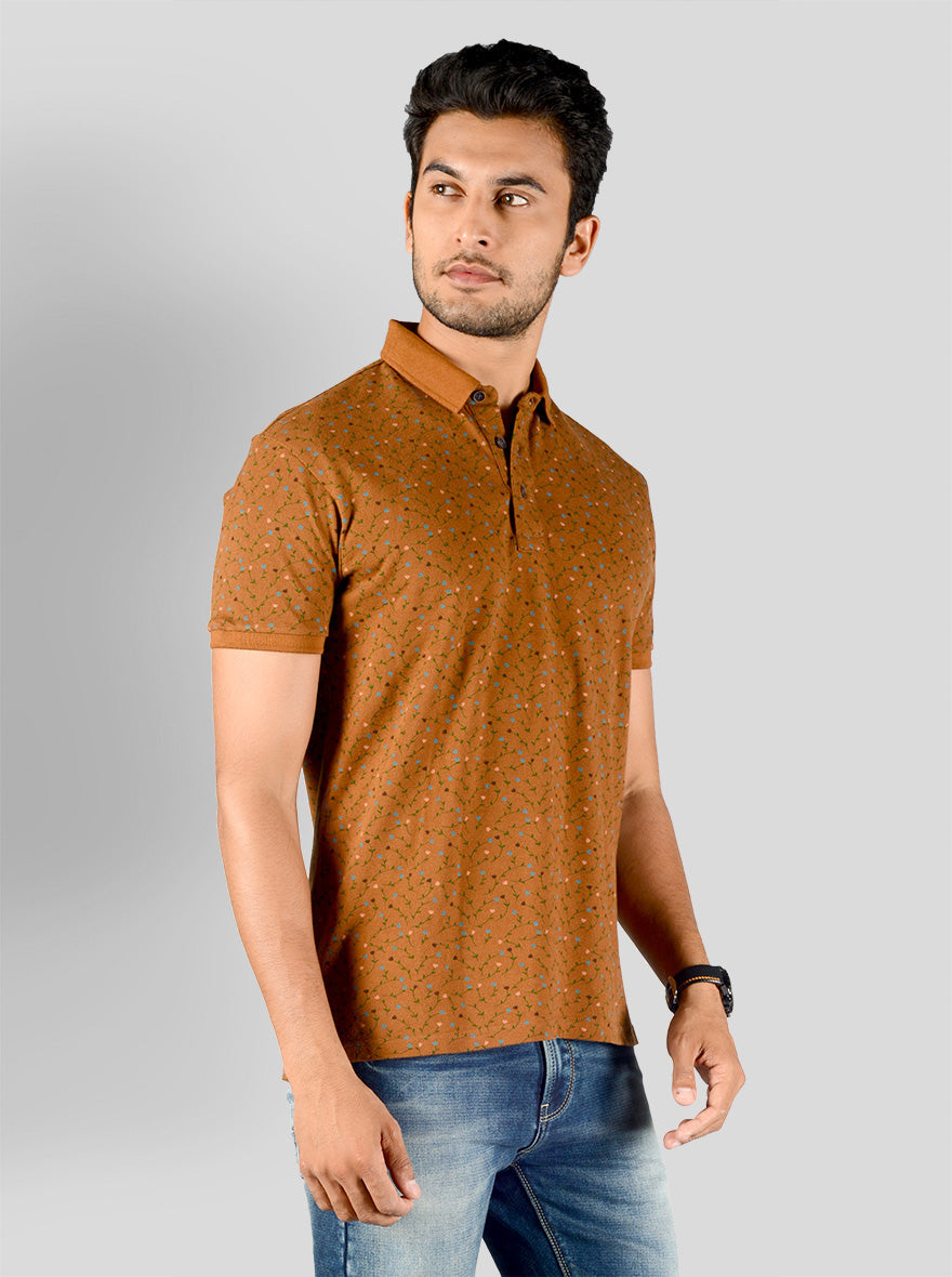 Mustard Brown Printed Slim Fit Polo T-shirt | JB Sport