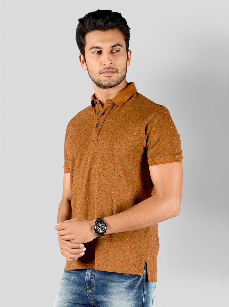 Mustard Brown Printed Slim Fit Polo T-shirt | JB Sport