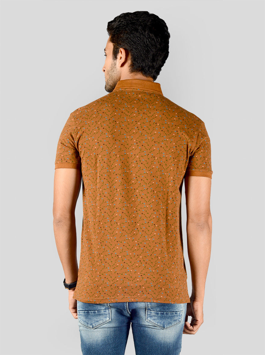 Mustard Brown Printed Slim Fit Polo T-shirt | JB Sport