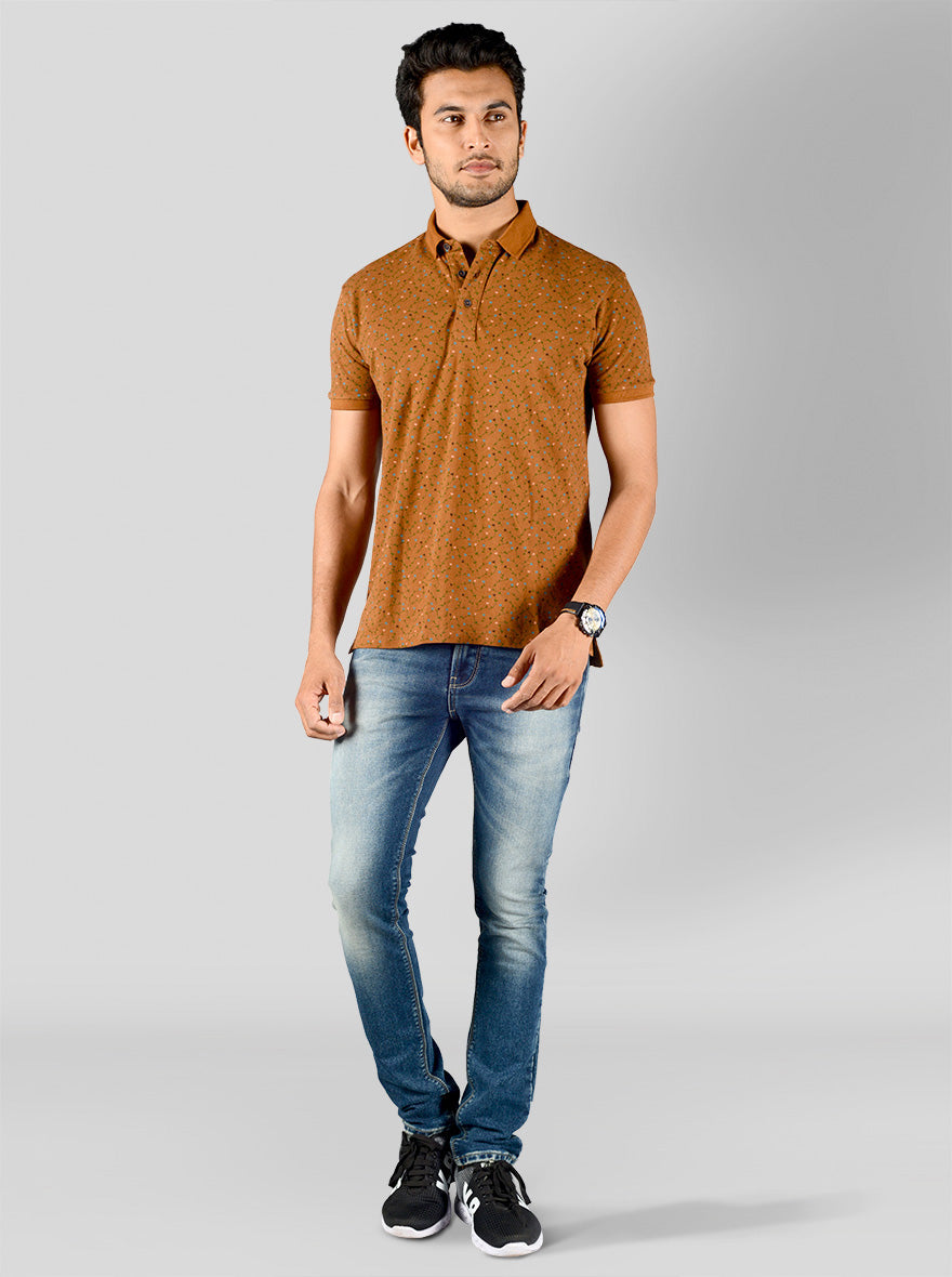 Mustard Brown Printed Slim Fit Polo T-shirt | JB Sport