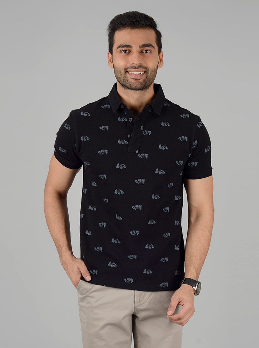 Black Printed Slim Fit Polo T-Shirt | JB Sport