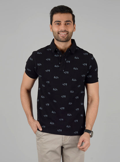 Black Printed Slim Fit Polo T-Shirt | JB Sport
