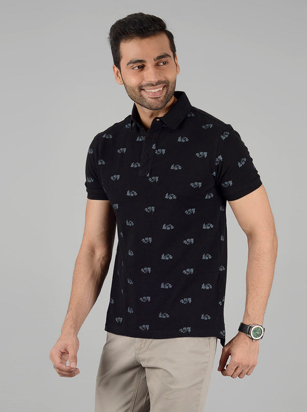 Black Printed Slim Fit Polo T-Shirt | JB Sport