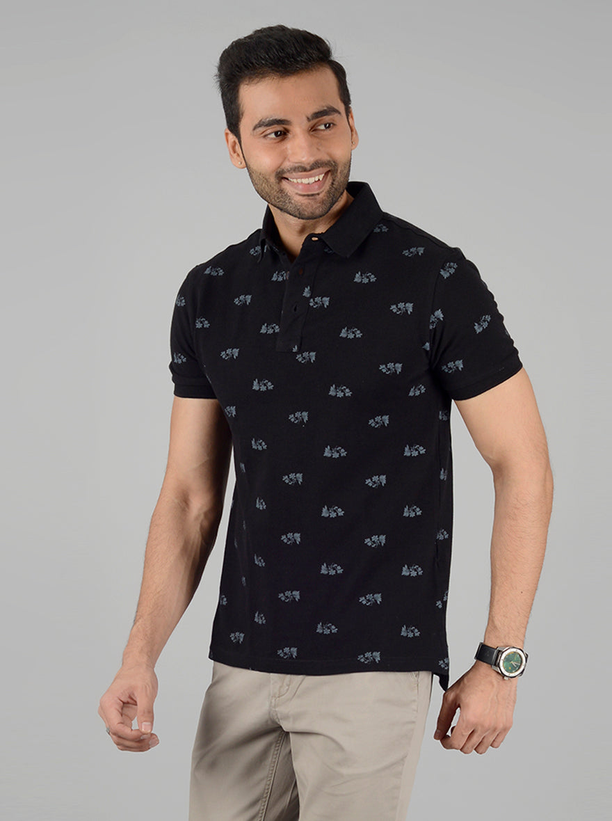 Black Printed Slim Fit Polo T-Shirt | JB Sport