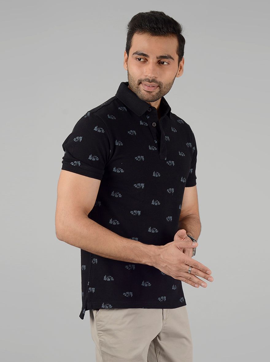 Black Printed Slim Fit Polo T-Shirt | JB Sport