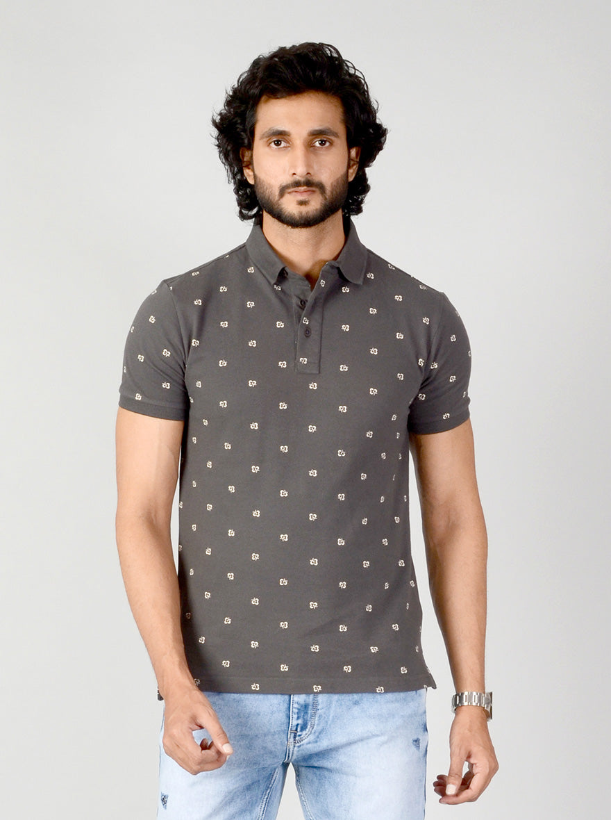 Charcoal Grey Printed Slim Fit Polo T-shirt | JB Sport
